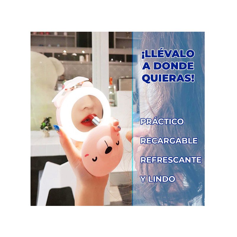 ESPEJO CON LUZ LED  Y VENTILADOR DE CERDITO  RECARGABLE
