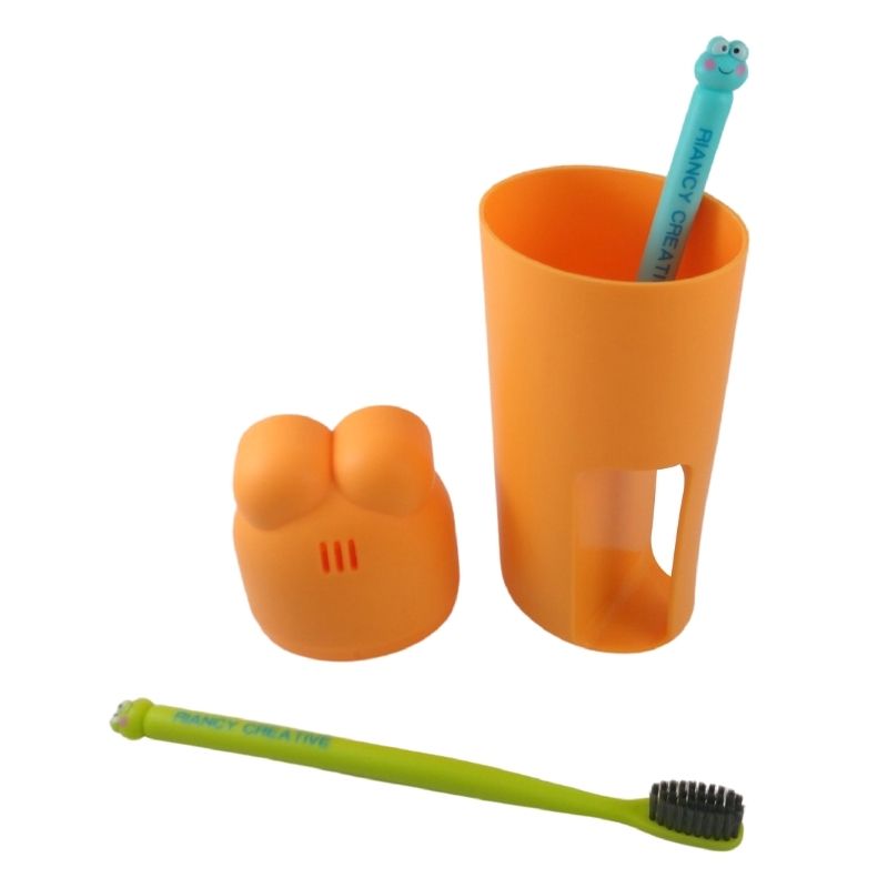 Kit 2 Cepillos de Dientes y 1 Vaso con Tapa para Niños, LBP, Diseño Rana, Viaje -Verde