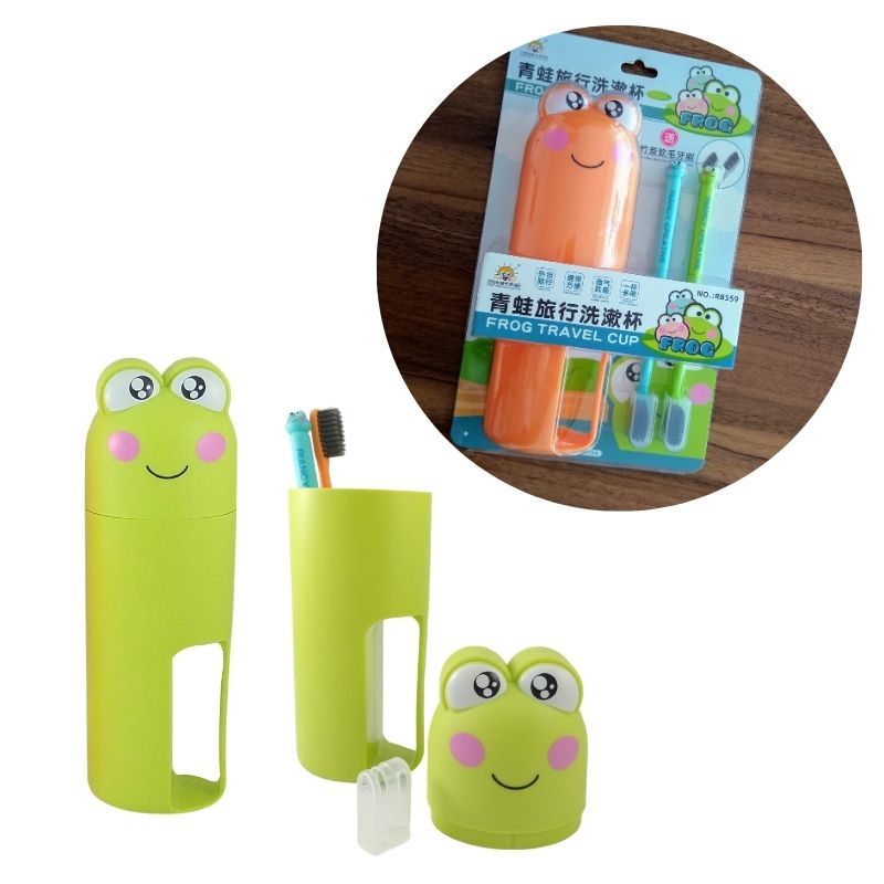 Kit 2 Cepillos de Dientes y 1 Vaso con Tapa para Niños, LBP, Diseño Rana, Viaje -Verde