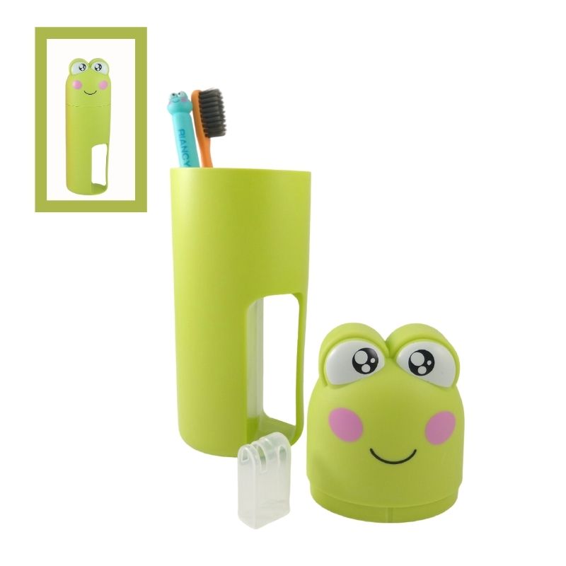 Kit 2 Cepillos de Dientes y 1 Vaso con Tapa para Niños, LBP, Diseño Rana, Viaje -Verde