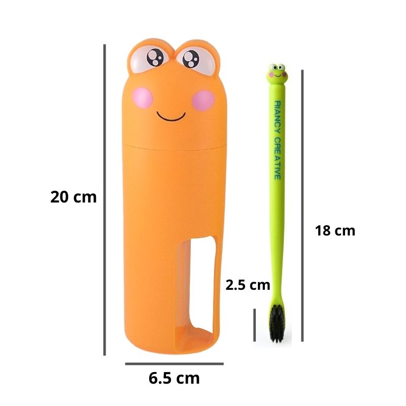 Kit 2 Cepillos de Dientes y 1 Vaso con Tapa para Niños, LBP, Diseño Rana, Viaje -Verde