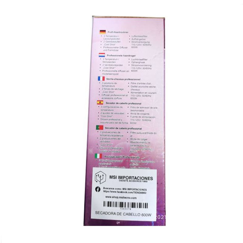 SECADORA DE CABELLO PORTATIL 600w