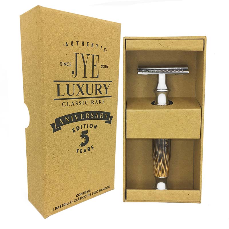 Rastrillo Clásico Apertura Mariposa Doble Filo con Mango de Bambú Elegante con 3 cuchillas de repuesto JYE