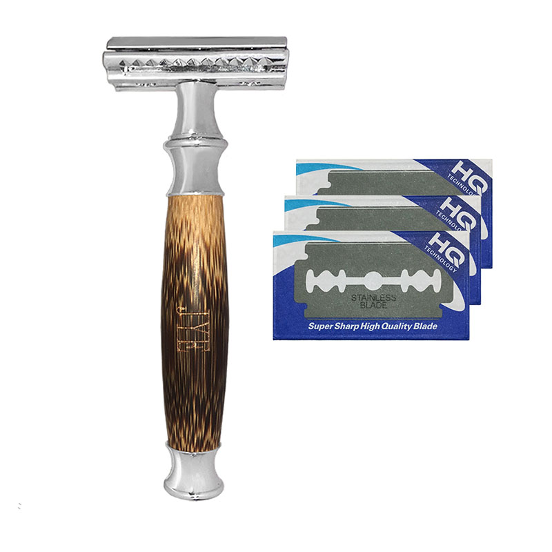 Rastrillo Clásico Apertura Mariposa Doble Filo con Mango de Bambú Elegante con 3 cuchillas de repuesto JYE