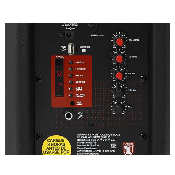 Bafle Recargable de 2x6.5 Pulgadas 5500 W Kaiser MSA-6520 - Negro