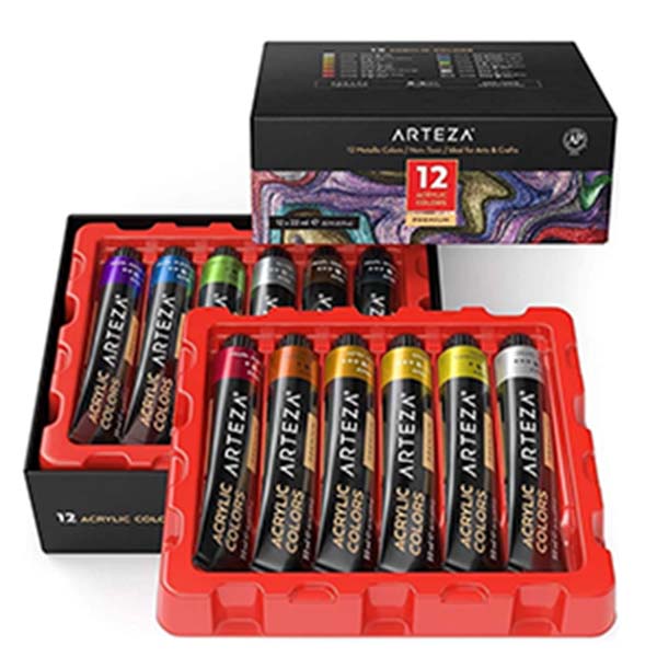 Arteza Pintura acrilica metalica, Set de 12 Colores/Tubos (22 ml, ) con caja de almacenamiento, Rica en pigmentos, No se desvanece, No Toxica Pinturas para Artistas, Para pasatiempos y niños Ideal para lienzos