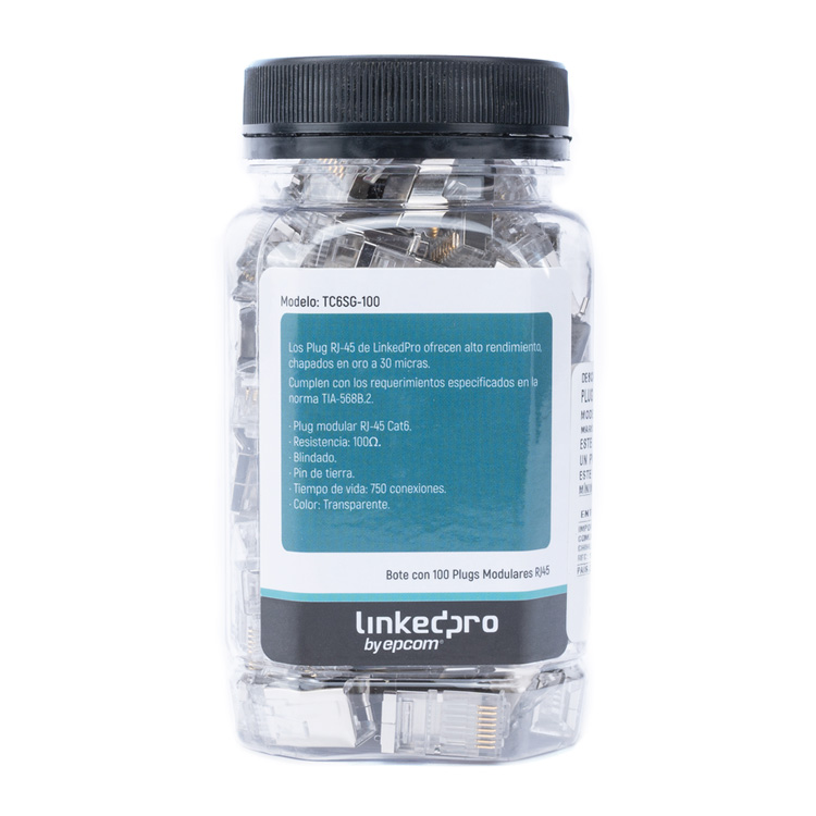 LinkedPro Bote con 100 Piezas de Plug Modular RJ45 Cat6 blindado con Pin de Tierra, Chapado de Oro a 30 micras para Durabilidad Extrema