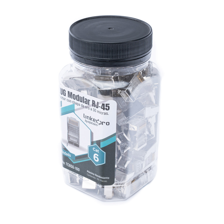 LinkedPro Bote con 100 Piezas de Plug Modular RJ45 Cat6 blindado con Pin de Tierra, Chapado de Oro a 30 micras para Durabilidad Extrema