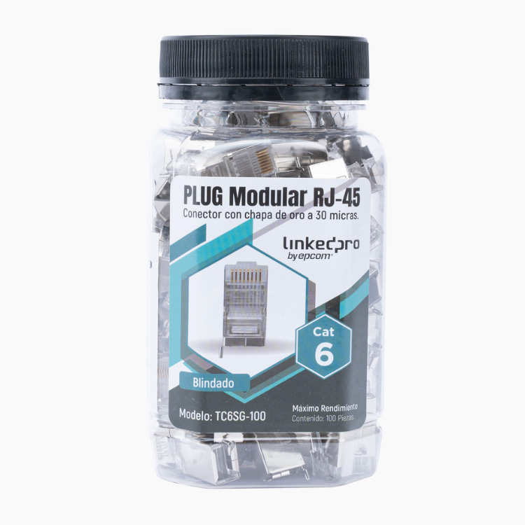 LinkedPro Bote con 100 Piezas de Plug Modular RJ45 Cat6 blindado con Pin de Tierra, Chapado de Oro a 30 micras para Durabilidad Extrema