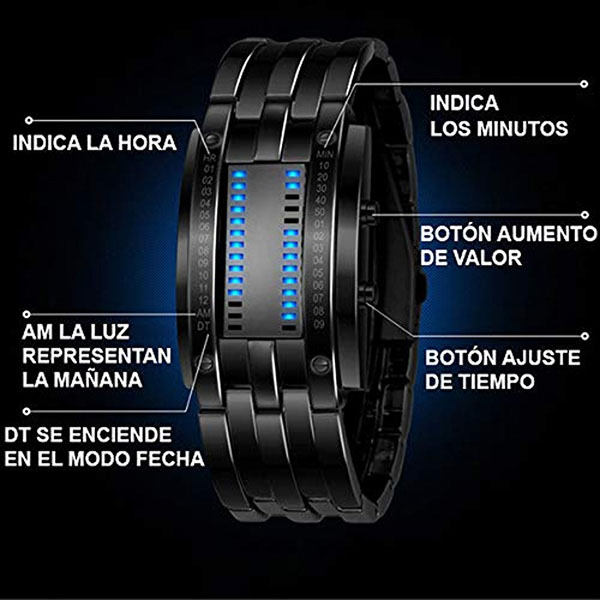 Reloj Binario LED Digital para Hombre Metal Broche Ajustable