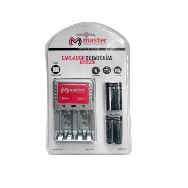 Cargador Universal de Baterías AA, AAA y PP3 (Cuadradas) con 4 Baterías AA de 3000 mAh / Master / EL-40