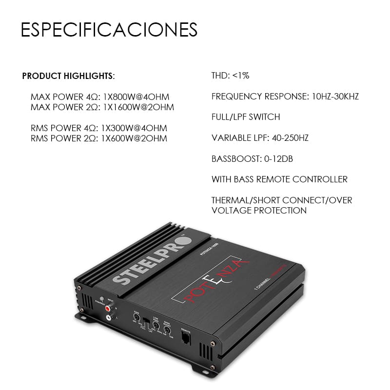 Amplificador Potenza 1600 - 1600w Control De Bajos Remoto- Steelpro