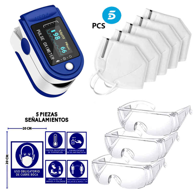 KIT Pulse Oxímetro Sin Contacto + 5 Cubrebocas + 3 Gafas Uv + 5 Letrero 20x20