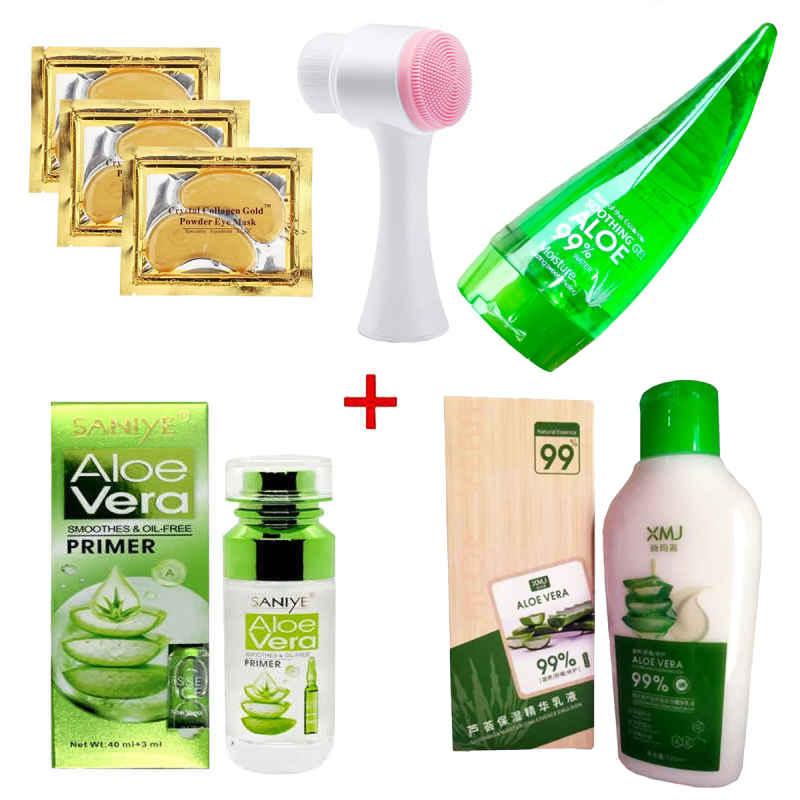 Set Aloe Vera-PRIMER SANIYE + Gel Refrescante Aloe Vera 99%+ Crema Hidratante Aloe Vera 99% + Cepillo Limpiador Facial + Regalo