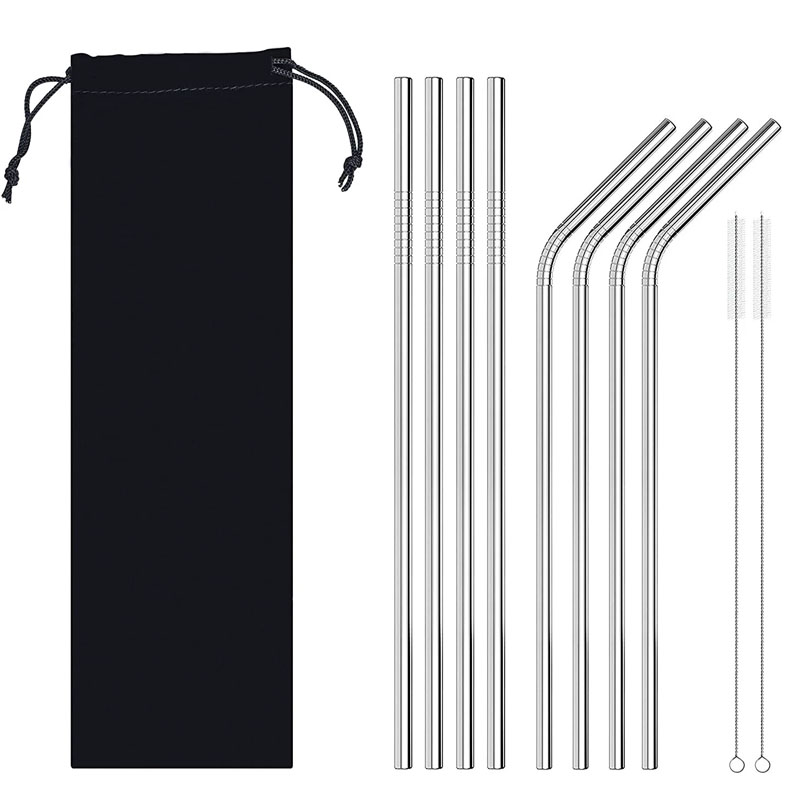 Kit de 8 popotes de metal acero inoxidable ecológicos + 2 cepillos + Bolsita de viaje para guardar negra