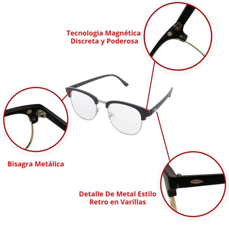 Lentes Clip On Magnéticos 6 en 1 Para Graduar con 5 clips Modelo Clasic Retro 2218