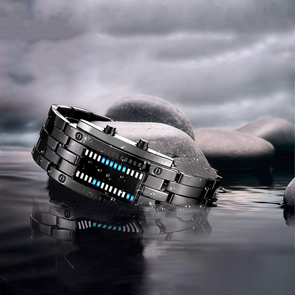 Reloj Binario Digital Hombre de Metal Broche Ajustable Iluminación LED