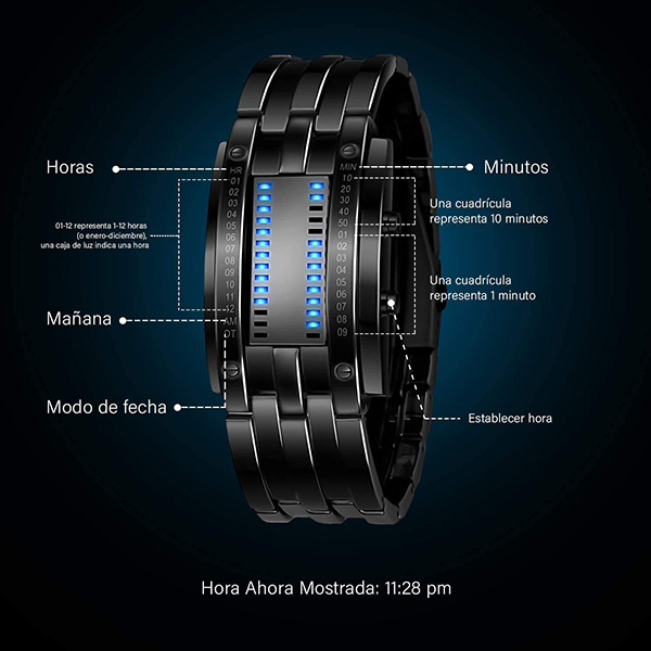 Reloj Binario Digital Hombre de Metal Broche Ajustable Iluminación LED