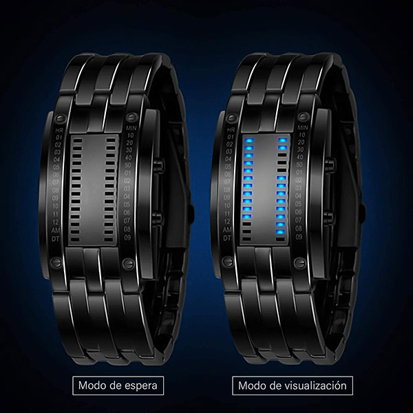 Reloj Binario Digital Hombre de Metal Broche Ajustable Iluminación LED