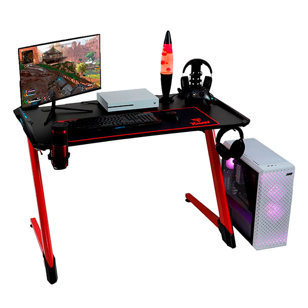 Yugen Escritorio Mesa Gamer Fibra Carbono Led RGB Accesorios Rojo