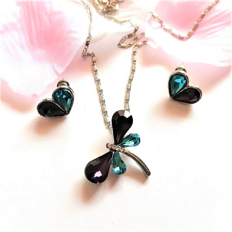 Set Libelula con Cristales Swarovski Baño Rodio Farcelli Jewelry INCLUYE CAJA PARA REGALO