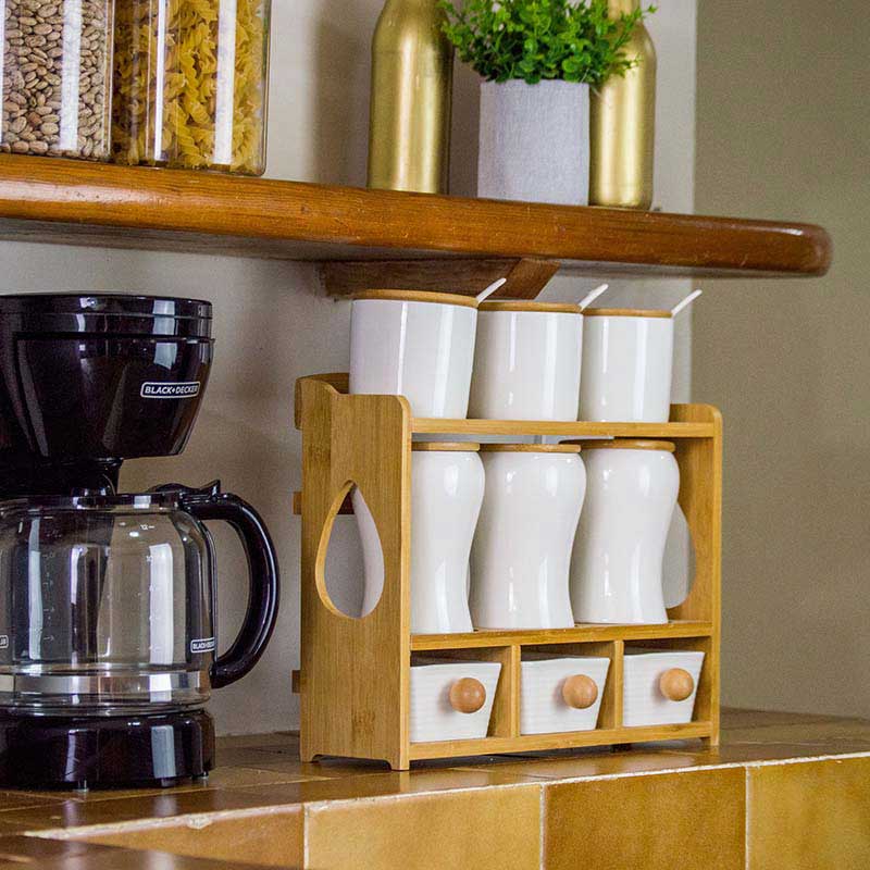 Set de 9 recipientes de cerámica con tapa y triple base de bambú 