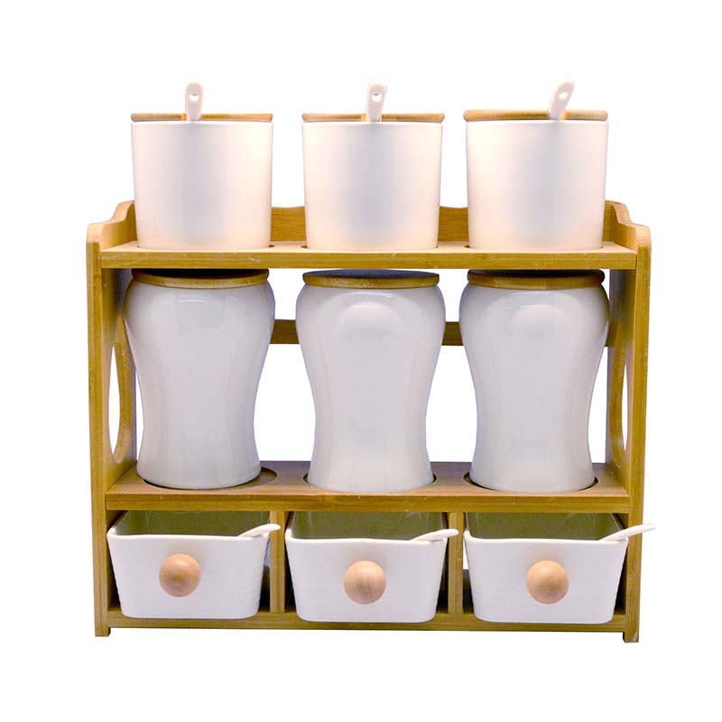 Set de 9 recipientes de cerámica con tapa y triple base de bambú 