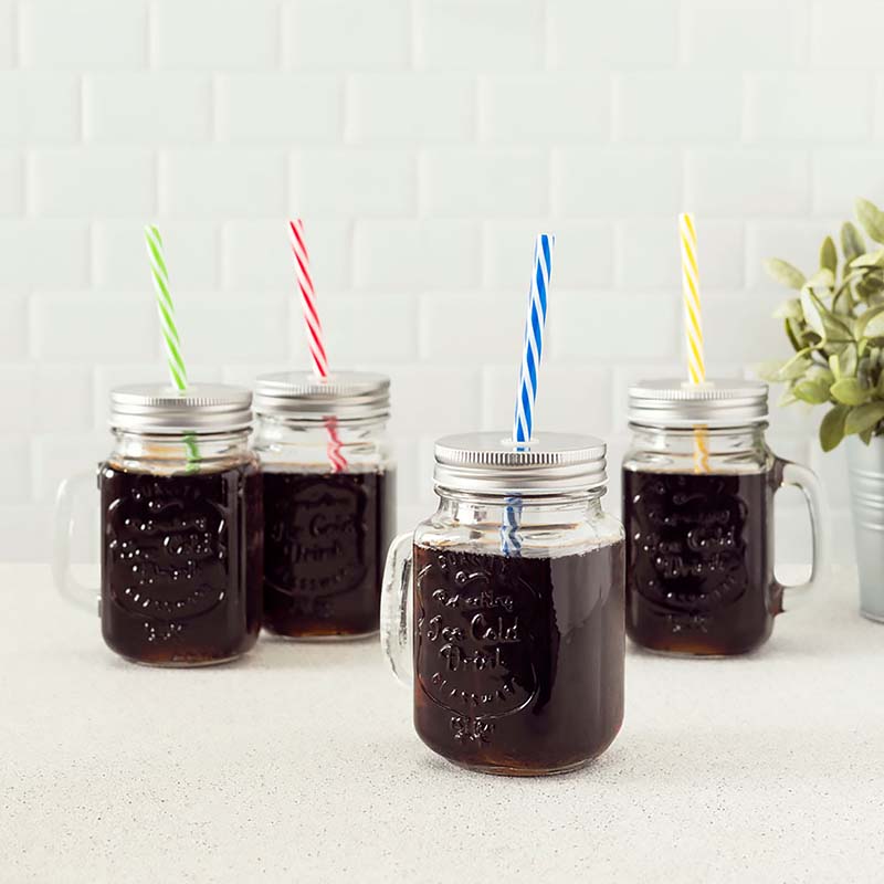 Juego de 4 tarros tipo Mason Jars con popote 470 ml 