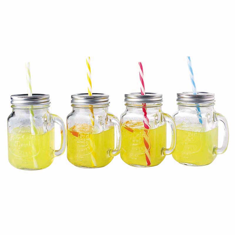 Juego de 4 tarros tipo Mason Jars con popote 470 ml 