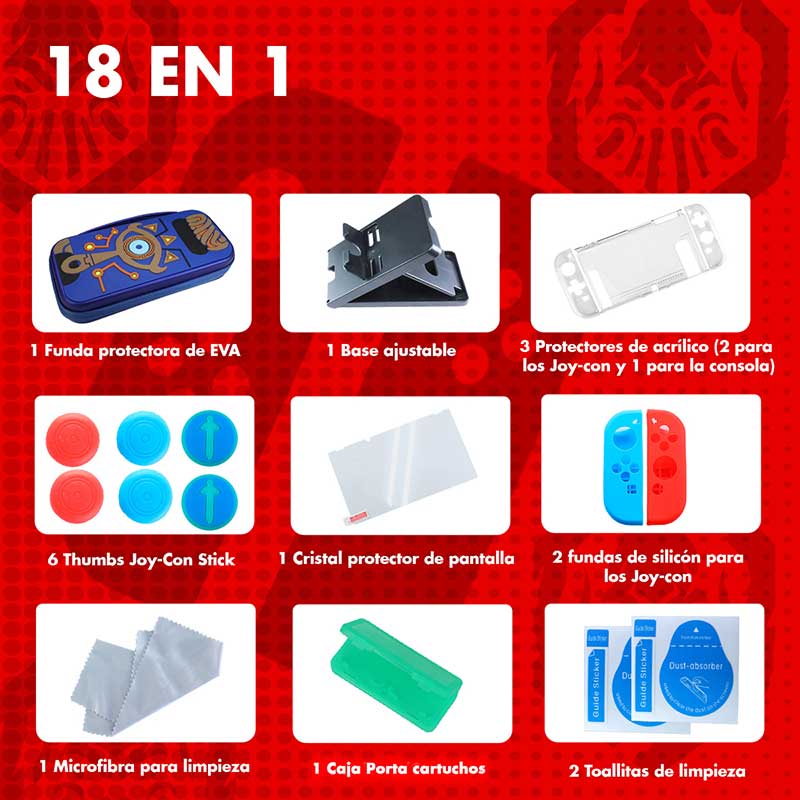 Estuche Kit Accesorios Nintendo Switch Zelda Piedra Sheikah Azul 