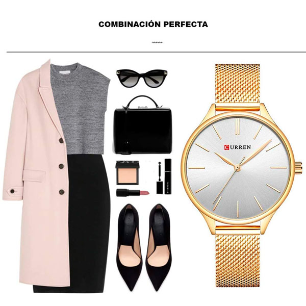 Reloj Curren para Mujer, Análogo, Movimiento de Cuarzo, Resistente, Elegante, Dorado 