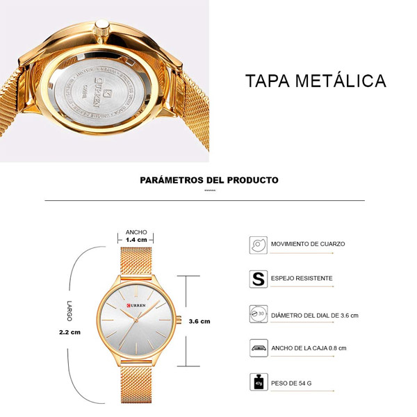 Reloj Curren para Mujer, Análogo, Movimiento de Cuarzo, Resistente, Elegante, Dorado 