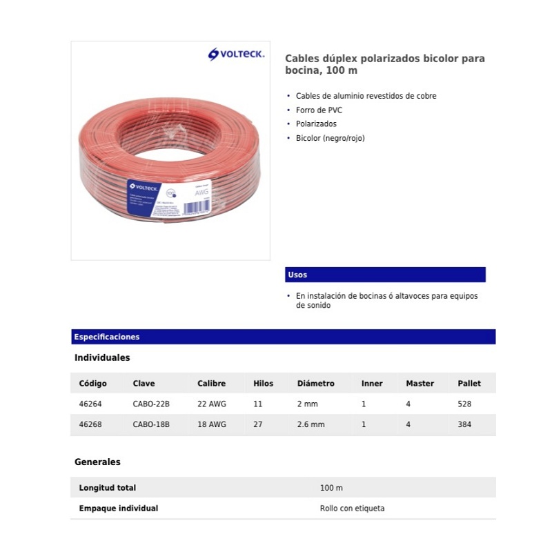 CABLE DE BOCINA POLARIZADO BICOLOR VOLTECK 1OO M ELECTRÓNICA EQUIPOS DE SONIDO