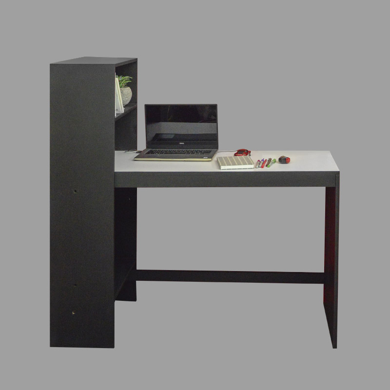 ESCRITORIO ARMABLE CON LIBRERO INTEGRADO MODELO 604 COLOR NEGRO Y CUBIERTA BLANCA