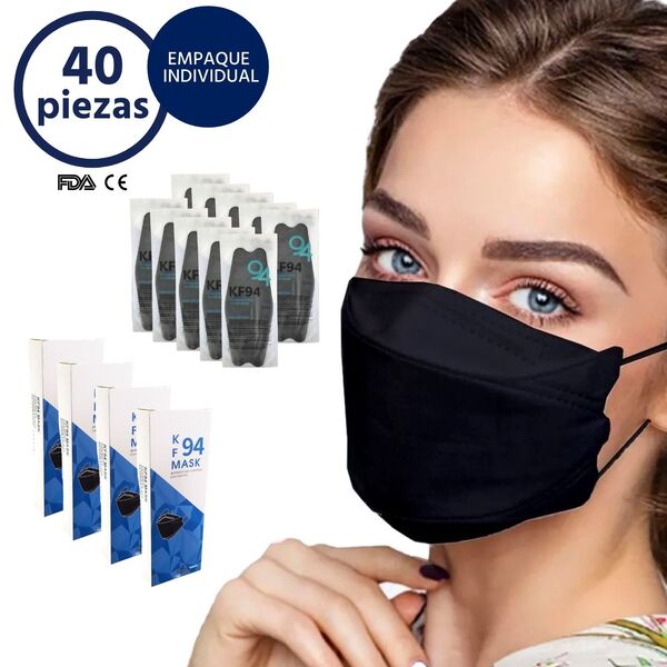 Cubrebocas KF94 Negro Mascarilla Corea Certificado - Empaque Individual - 40 Pzs