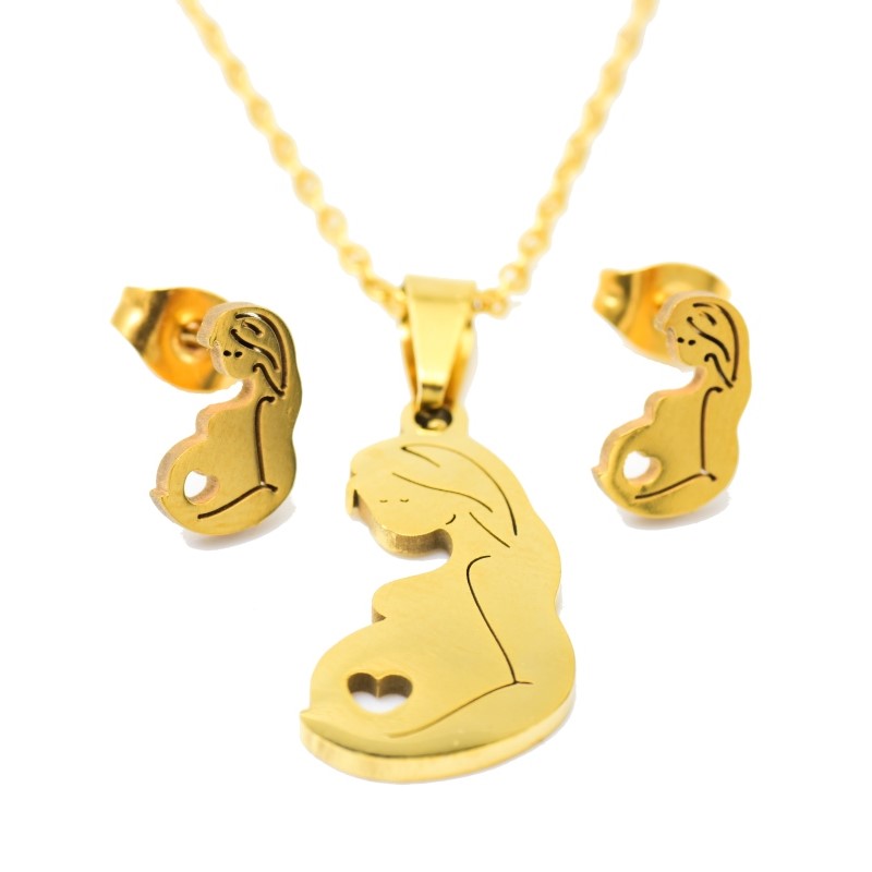 Joya Kit Aretes Cadena Con Dije De Mujer Embarazada Color Dorado