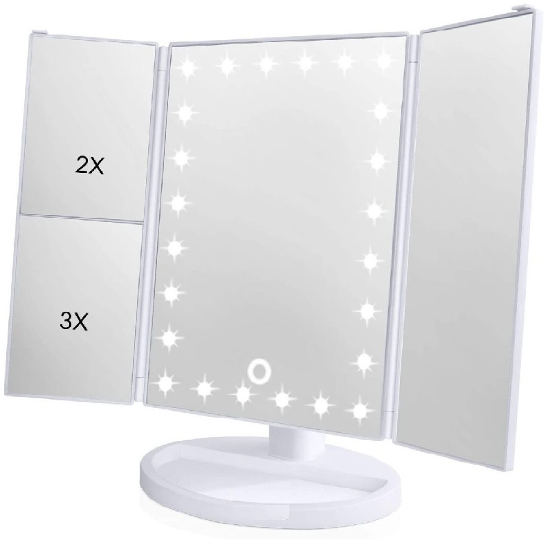 Espejo de Maquillaje Triptico con Aumentos x1, x2, x3, Espejo Cosmético de Libro Pantalla Táctil con Iluminacion 22 LED