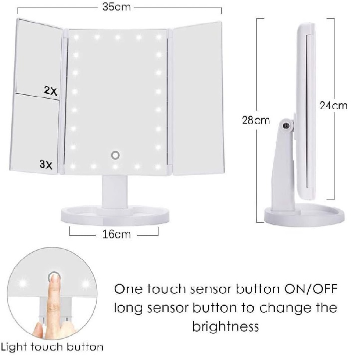 Espejo de Maquillaje Triptico con Aumentos x1, x2, x3, Espejo Cosmético de Libro Pantalla Táctil con Iluminacion 22 LED