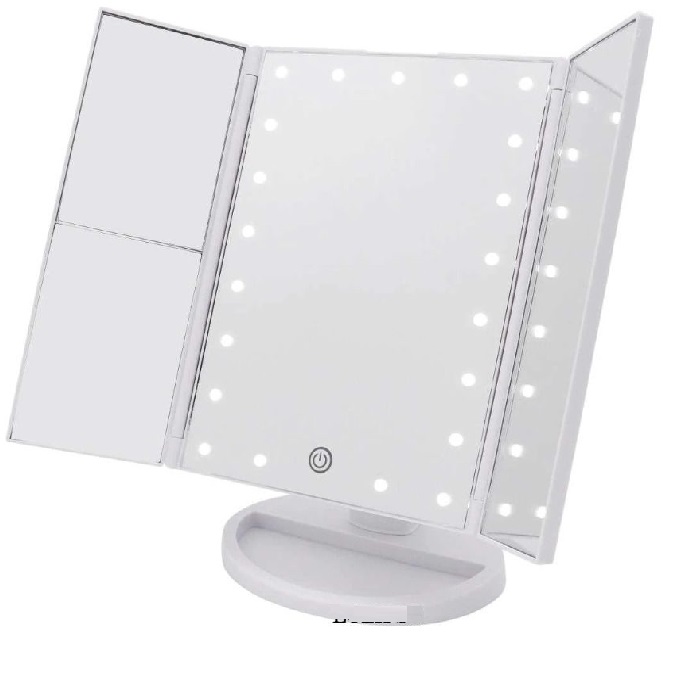 Espejo de Maquillaje Triptico con Aumentos x1, x2, x3, Espejo Cosmético de Libro Pantalla Táctil con Iluminacion 22 LED