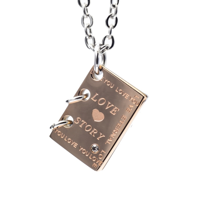 Joya Cadena Con Libro Grabado Historia De Amor Acero Inox Novios