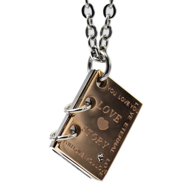 Joya Cadena Con Libro Grabado Historia De Amor Acero Inox Novios