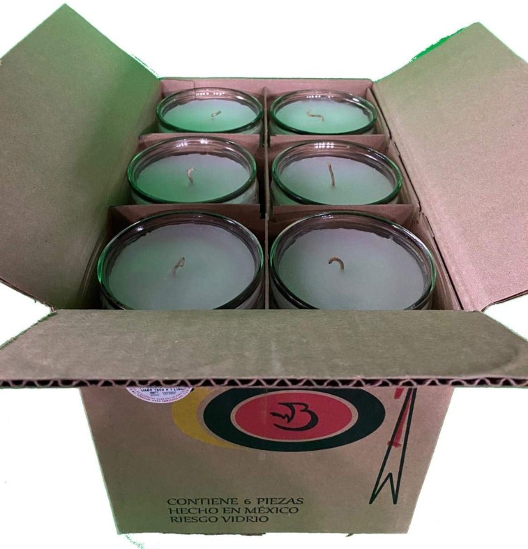 LA PAZ, Paquete con 6 pzs de veladoras en vidrio Grandes / Parafina, 10 x 22.5 CM - Color Blanco, Larga Combustión.