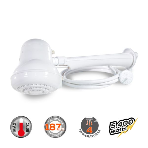 Regadera eléctrica Evans 4 temperaturas, Mínimo (2 400 W) Medio (3 300 W) Máximo (5 400 W) con brazo