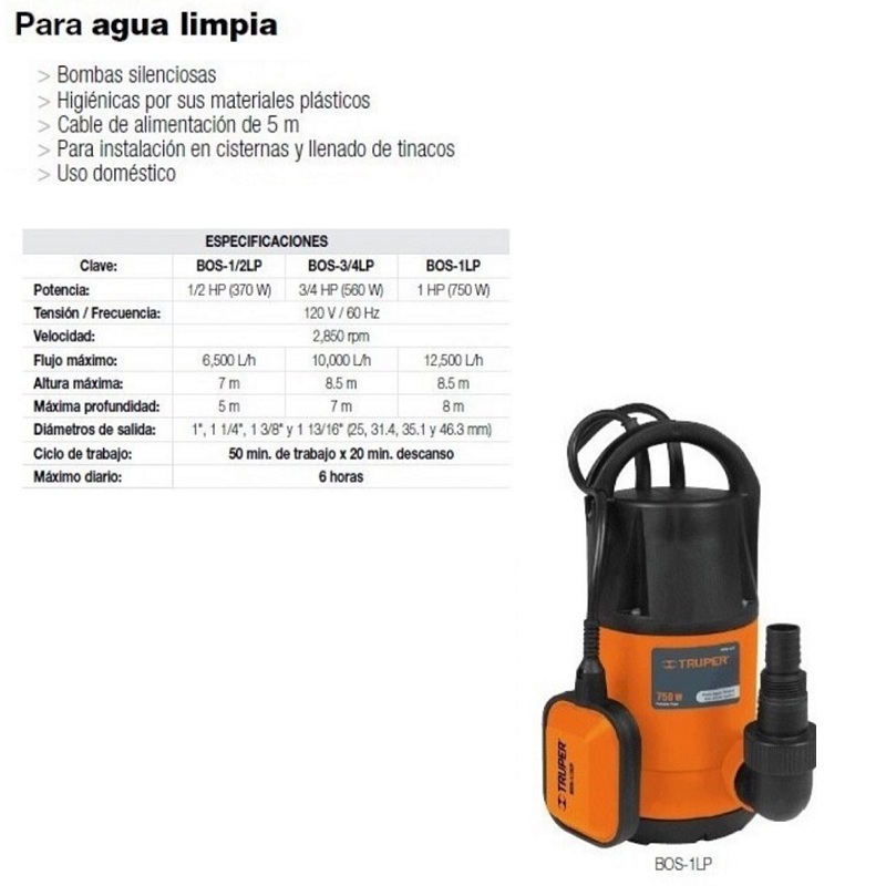 Bomba Sumergible Agua Limpia 1/2 Hp Truper Albercas -Fuentes Pozos