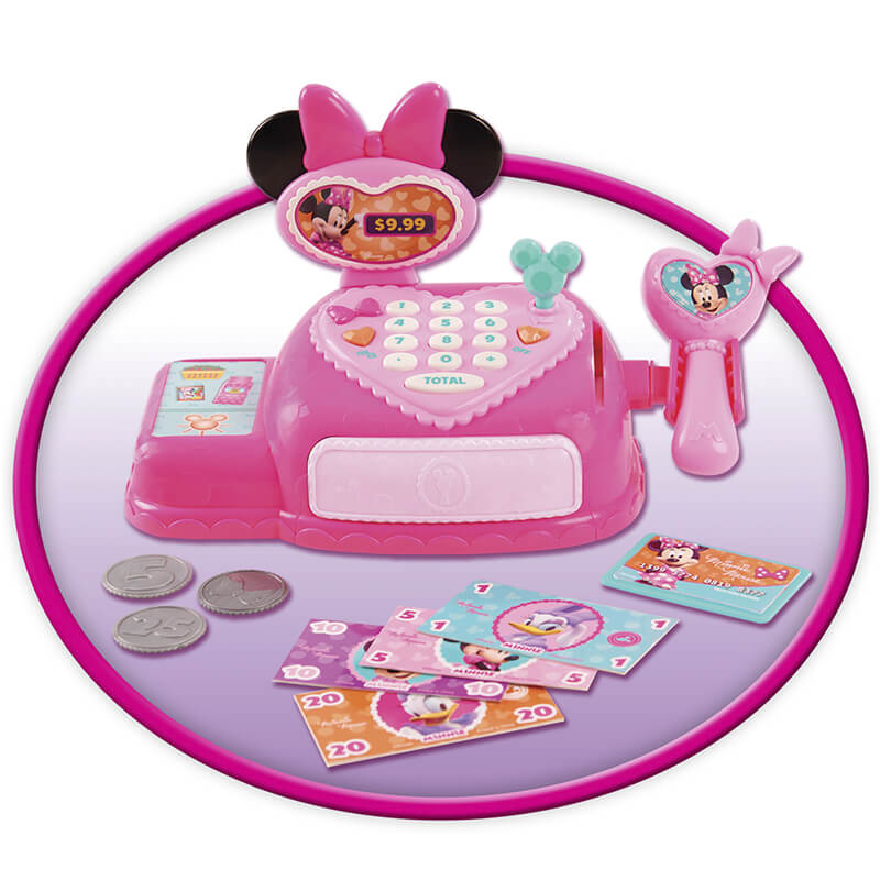 Caja registradora de Minnie Mouse con billetes y monedas de Disney