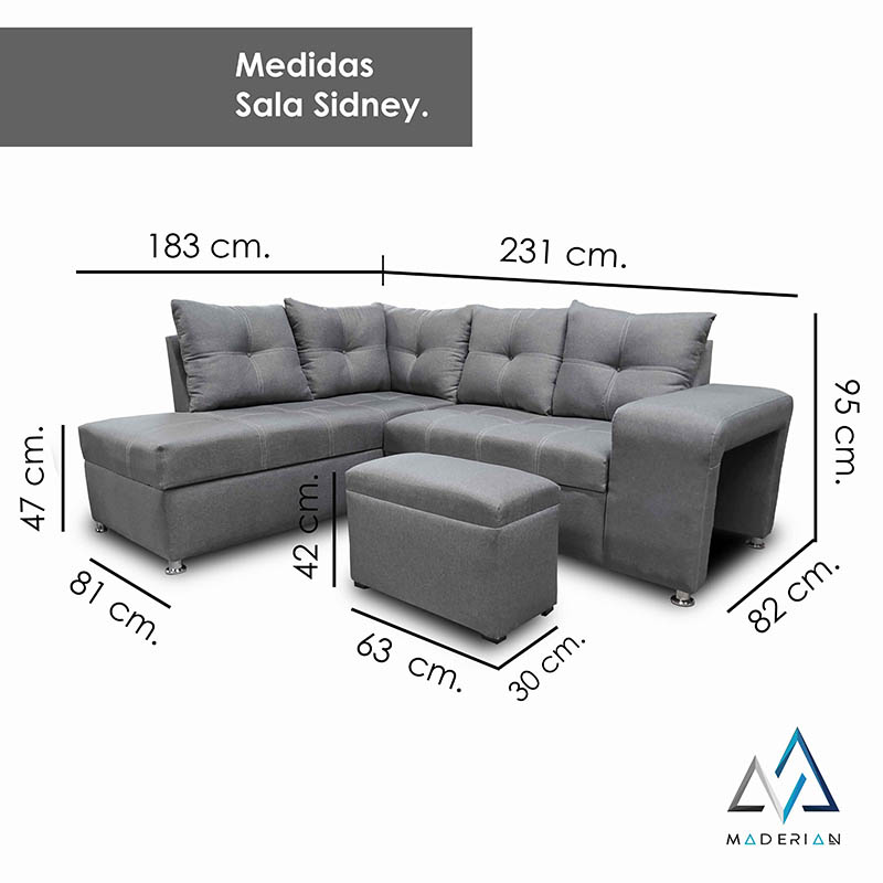 Sala Sidney con Chaise Der. Gris +taburete oculto en brazo MADERIAN // ENTREGA EN CDMX Y AREA METROPOLITANA