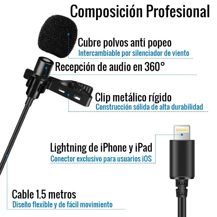 Micrófono para iPhone de Solapa Lavalier tipo Lightning iOS iPad