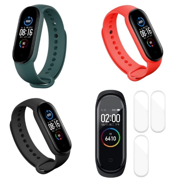 3 Correas Xiaomi Mi Band 6 en Negro, Rojo, Verde Olivo + 3 Micas Tpu