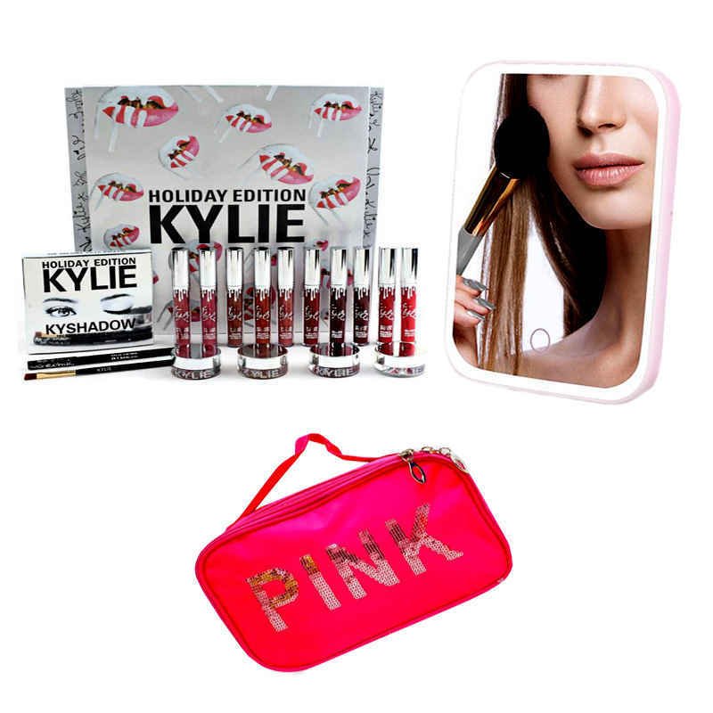 Maquillaje Kylie + Espejo Led + Cosmetiquera PINK