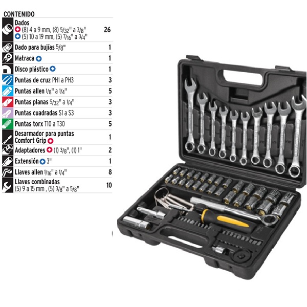 JUEGO DE HERRAMIENTAS KIT MECANICA LLAVES COMBINADAS ALLEN 73 PIEZAS
